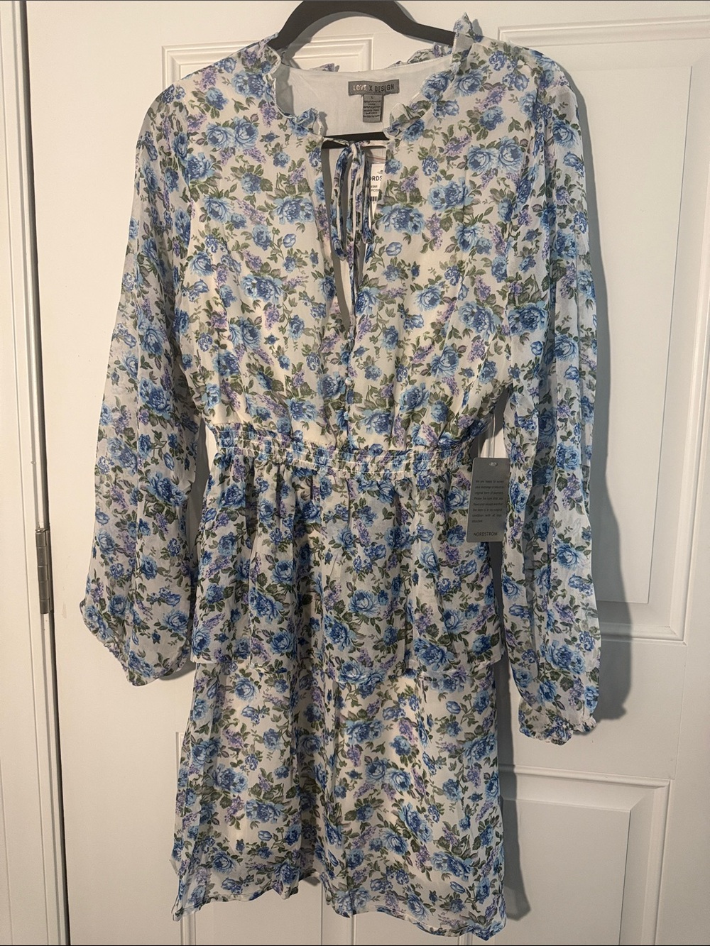 Love Tree White and Blue Floral Tie-Neck Dress